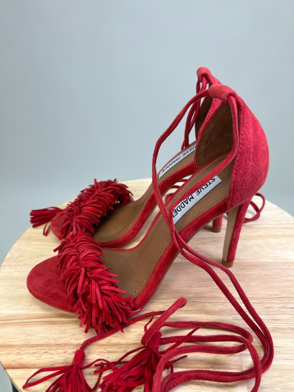 Steve Madden Red Suede Tassel Fringe Ankle-Tie Heels Sassey Size 5.5 - Picture 6 of 16